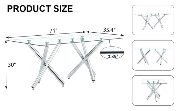English Elm Large Rectangular Tempered Glass Dining Table Seats Eight with Chrome Fork Legs W1151S03866