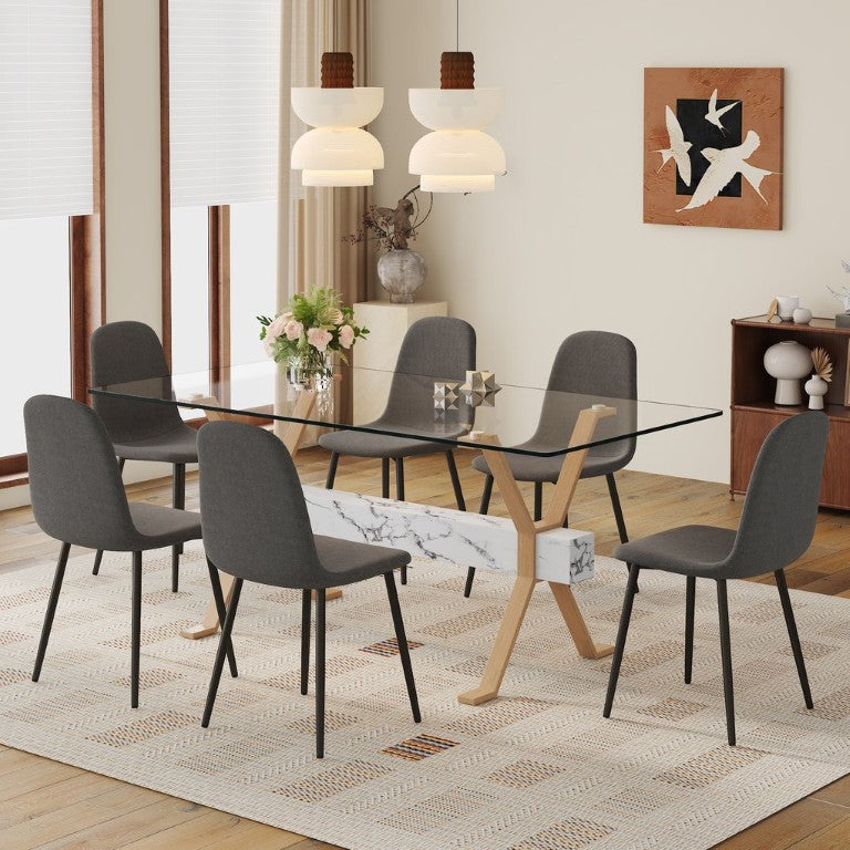 English Elm Table and Chair Set Glass Top Dining with Six Linen Upholstered Seats Wood Tone Legs W1151S03875