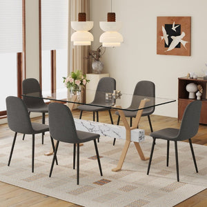 English Elm Table and Chair Set Glass Top Dining with Six Linen Upholstered Seats Wood Tone Legs W1151S03875