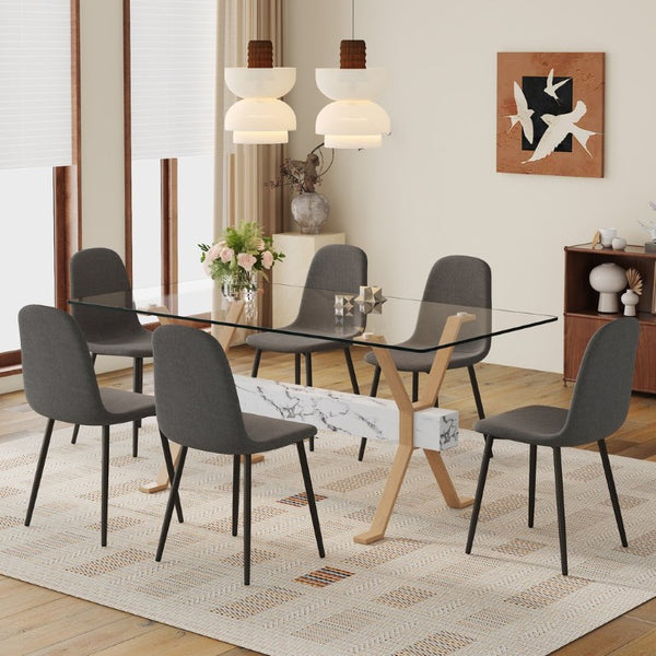 English Elm Table and Chair Set Glass Top Dining with Six Linen Upholstered Seats Wood Tone Legs W1151S03875