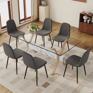 English Elm Table and Chair Set Glass Top Dining with Six Linen Upholstered Seats Wood Tone Legs W1151S03875