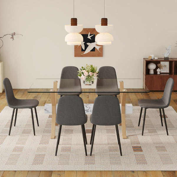 English Elm Table and Chair Set Glass Top Dining with Six Linen Upholstered Seats Wood Tone Legs W1151S03875
