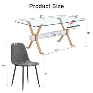 English Elm Table and Chair Set Glass Top Dining with Six Linen Upholstered Seats Wood Tone Legs W1151S03875