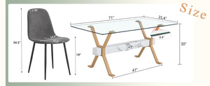 English Elm Table and Chair Set Glass Top Dining with Six Linen Upholstered Seats Wood Tone Legs W1151S03875