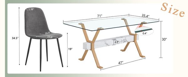 English Elm Table and Chair Set Glass Top Dining with Six Linen Upholstered Seats Wood Tone Legs W1151S03875