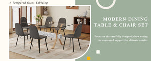 English Elm Table and Chair Set Glass Top Dining with Six Linen Upholstered Seats Wood Tone Legs W1151S03875