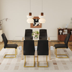 English Elm Table and Chair Set Tempered Glass Top with Six PU Leather Seats Gold Arched Legs W1151S03880
