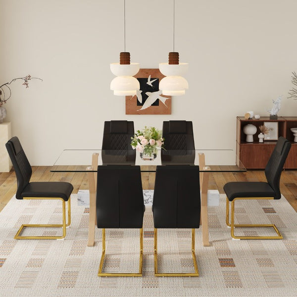 English Elm Table and Chair Set Tempered Glass Top with Six PU Leather Seats Gold Arched Legs W1151S03880