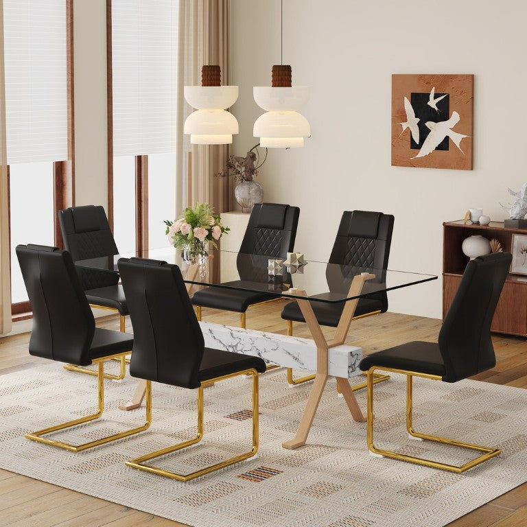 English Elm Table and Chair Set Tempered Glass Top with Six PU Leather Seats Gold Arched Legs W1151S03880