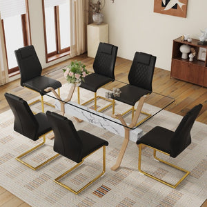English Elm Table and Chair Set Tempered Glass Top with Six PU Leather Seats Gold Arched Legs W1151S03880