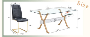 English Elm Table and Chair Set Tempered Glass Top with Six PU Leather Seats Gold Arched Legs W1151S03880