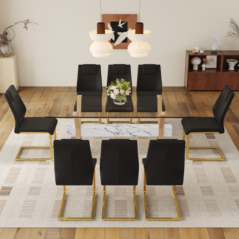 English Elm Table and Chair Set Tempered Glass Top with X Base and 8 PU Leather Dining Seats W1151S03881