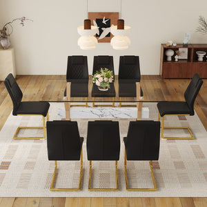 English Elm Table and Chair Set Tempered Glass Top with X Base and 8 PU Leather Dining Seats W1151S03881