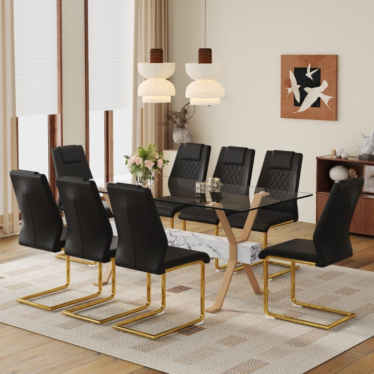 English Elm Table and Chair Set Tempered Glass Top with X Base and 8 PU Leather Dining Seats W1151S03881