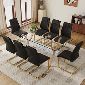 English Elm Table and Chair Set Tempered Glass Top with X Base and 8 PU Leather Dining Seats W1151S03881