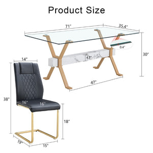 English Elm Table and Chair Set Tempered Glass Top with X Base and 8 PU Leather Dining Seats W1151S03881