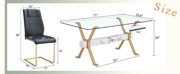 English Elm Table and Chair Set Tempered Glass Top with X Base and 8 PU Leather Dining Seats W1151S03881