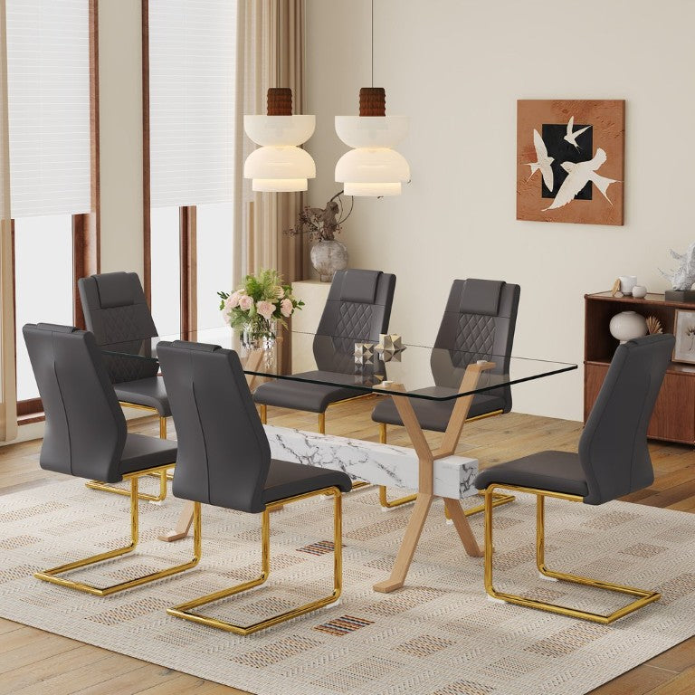 English Elm Table and Chair Set Glass Top Dining Room 7 Piece with PU Upholstered Seats W1151S03882
