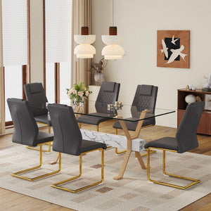 English Elm Table and Chair Set Glass Top Dining Room 7 Piece with PU Upholstered Seats W1151S03882