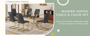 English Elm Table and Chair Set Glass Top Dining Room 7 Piece with PU Upholstered Seats W1151S03882