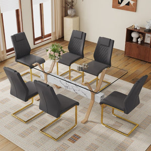 English Elm Table and Chair Set Glass Top Dining Room 7 Piece with PU Upholstered Seats W1151S03882