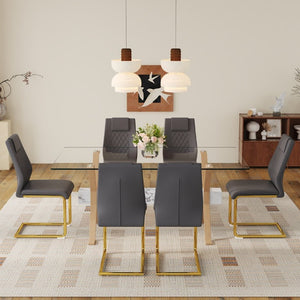 English Elm Table and Chair Set Glass Top Dining Room 7 Piece with PU Upholstered Seats W1151S03882