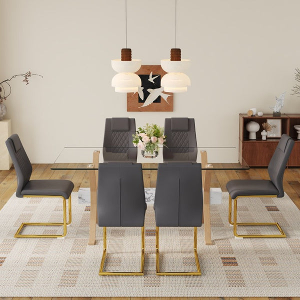 English Elm Table and Chair Set Glass Top Dining Room 7 Piece with PU Upholstered Seats W1151S03882