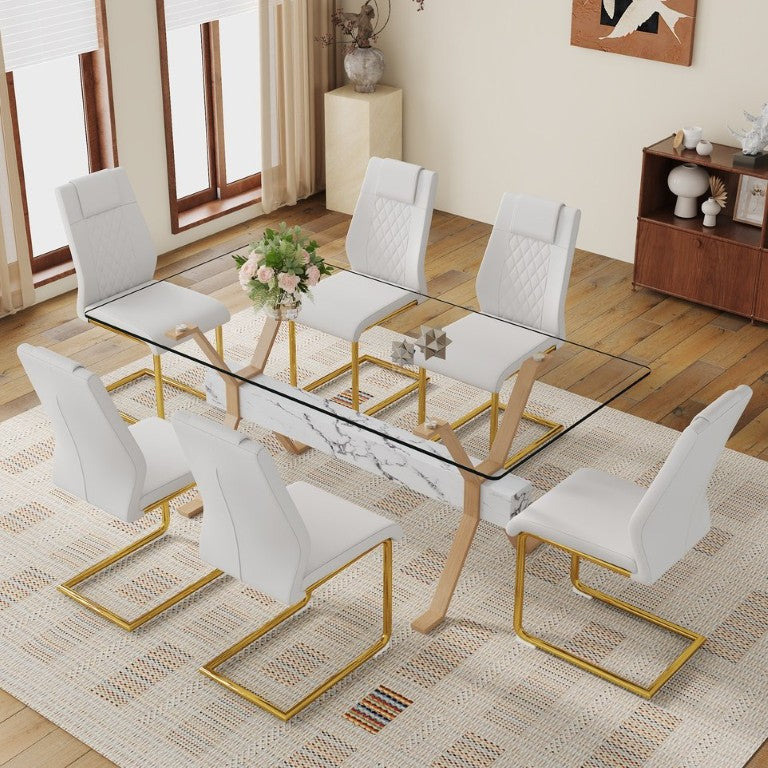 English Elm Table Set Tempered Glass Top Six PU Leather Chairs Gold Arched Legs Modern Dining W1151S03884