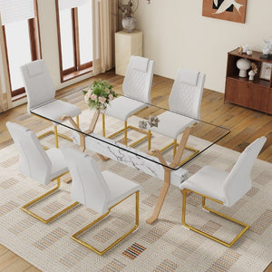 English Elm Table Set Tempered Glass Top Six PU Leather Chairs Gold Arched Legs Modern Dining W1151S03884