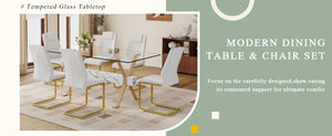English Elm Table Set Tempered Glass Top Six PU Leather Chairs Gold Arched Legs Modern Dining W1151S03884