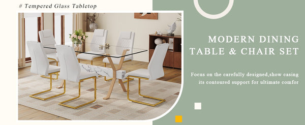 English Elm Table Set Tempered Glass Top Six PU Leather Chairs Gold Arched Legs Modern Dining W1151S03884