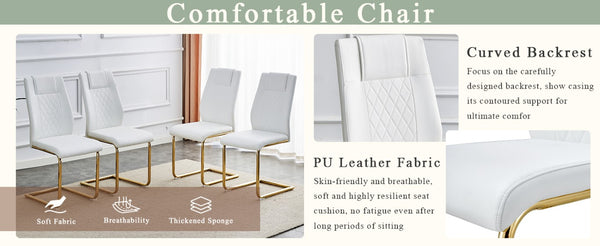 English Elm Table Set Tempered Glass Top Six PU Leather Chairs Gold Arched Legs Modern Dining W1151S03884