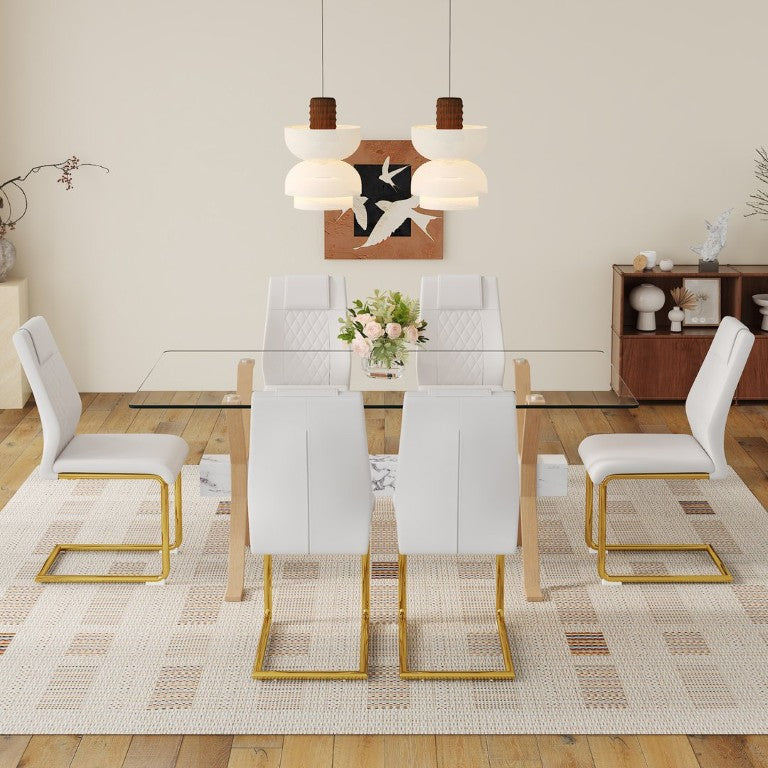English Elm Table Set Tempered Glass Top Six PU Leather Chairs Gold Arched Legs Modern Dining W1151S03884