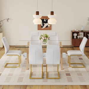 English Elm Table Set Tempered Glass Top Six PU Leather Chairs Gold Arched Legs Modern Dining W1151S03884