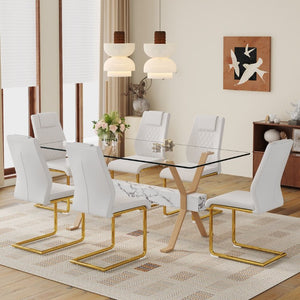English Elm Table Set Tempered Glass Top Six PU Leather Chairs Gold Arched Legs Modern Dining W1151S03884