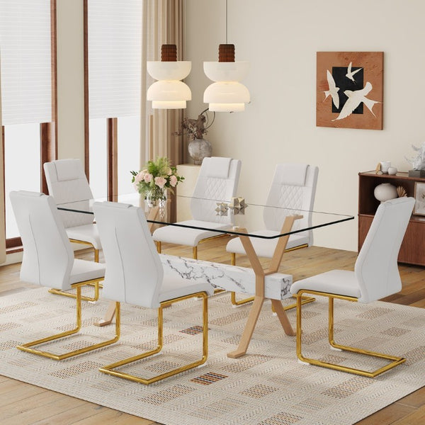 English Elm Table Set Tempered Glass Top Six PU Leather Chairs Gold Arched Legs Modern Dining W1151S03884