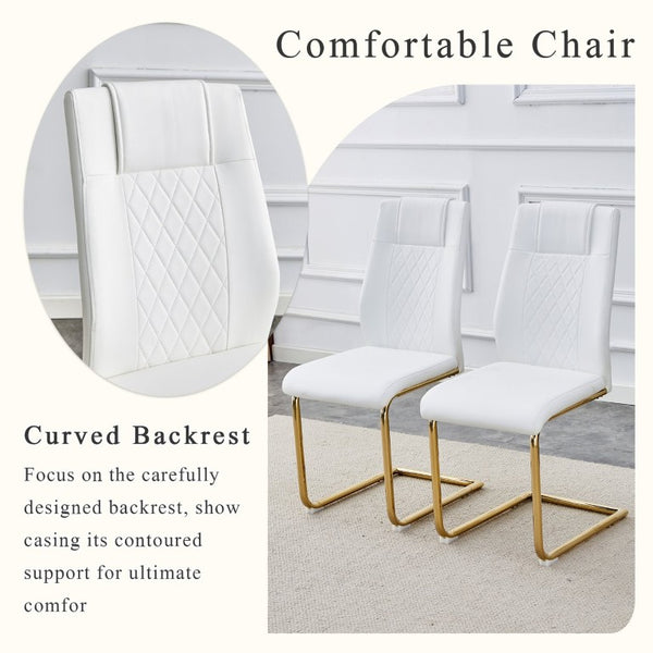 English Elm Table Set Tempered Glass Top Six PU Leather Chairs Gold Arched Legs Modern Dining W1151S03884