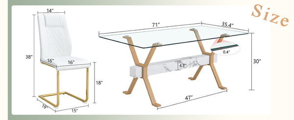 English Elm Table Set Tempered Glass Top Six PU Leather Chairs Gold Arched Legs Modern Dining W1151S03884
