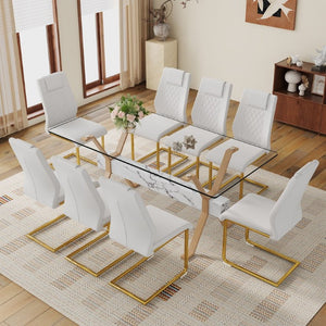 English Elm Table and Chair Set Glass Top Dining with Eight PU Seats Gold Arched Legs Modern W1151S03885