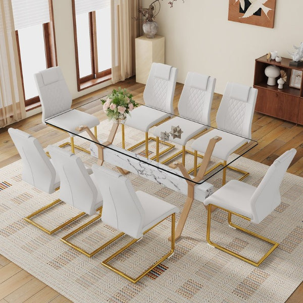 English Elm Table and Chair Set Glass Top Dining with Eight PU Seats Gold Arched Legs Modern W1151S03885