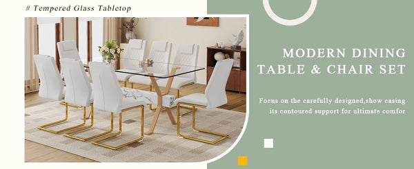 English Elm Table and Chair Set Glass Top Dining with Eight PU Seats Gold Arched Legs Modern W1151S03885