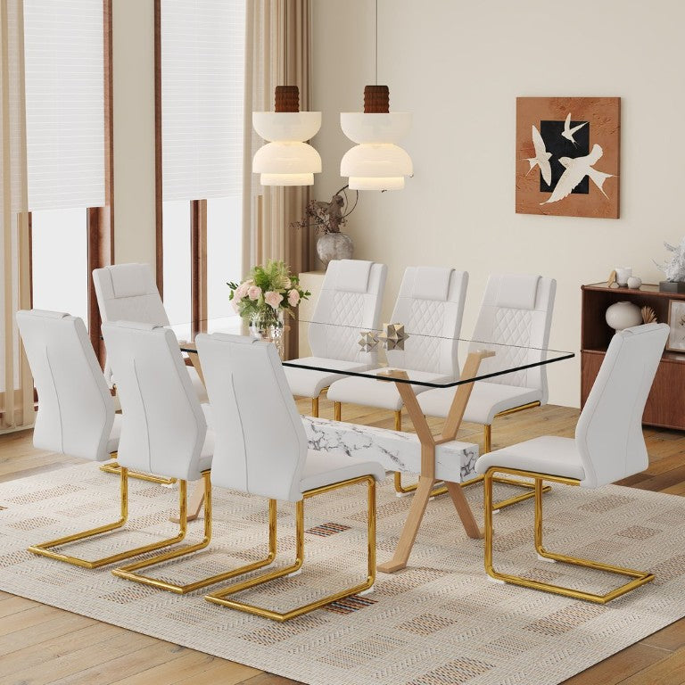 English Elm Table and Chair Set Glass Top Dining with Eight PU Seats Gold Arched Legs Modern W1151S03885
