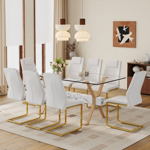 English Elm Table and Chair Set Glass Top Dining with Eight PU Seats Gold Arched Legs Modern W1151S03885