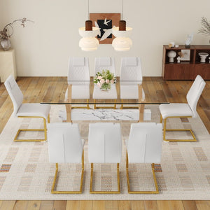English Elm Table and Chair Set Glass Top Dining with Eight PU Seats Gold Arched Legs Modern W1151S03885