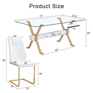 English Elm Table and Chair Set Glass Top Dining with Eight PU Seats Gold Arched Legs Modern W1151S03885