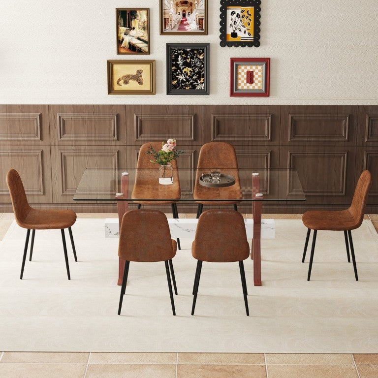 English Elm Table and Chair Set Clear Tempered Glass Top with X Leg Base Six Upholstered Seats W1151S03888