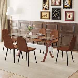 English Elm Table and Chair Set Clear Tempered Glass Top with X Leg Base Six Upholstered Seats W1151S03888
