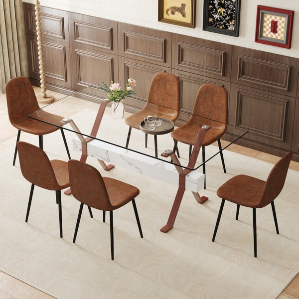 English Elm Table and Chair Set Clear Tempered Glass Top with X Leg Base Six Upholstered Seats W1151S03888