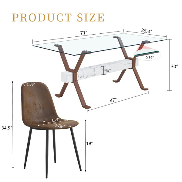 English Elm Table and Chair Set Clear Tempered Glass Top with X Leg Base Six Upholstered Seats W1151S03888