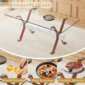 English Elm Table and Chair Set Clear Tempered Glass Top with X Leg Base Six Upholstered Seats W1151S03888